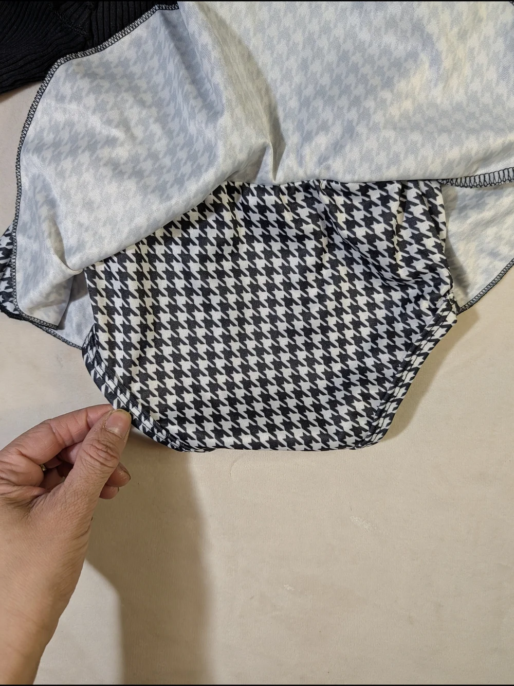 Black Ribbed Long Sleeve Bodysuit with Houndstooth Skirt
